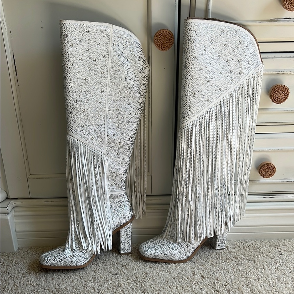 Jessica Simpson Asire White Fringed Knee High Boots